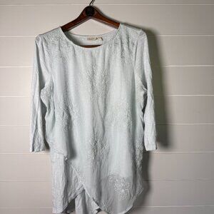 LOGO Lavish Knit Top Asymmetric Hem Embroidery XL- Ice Blue